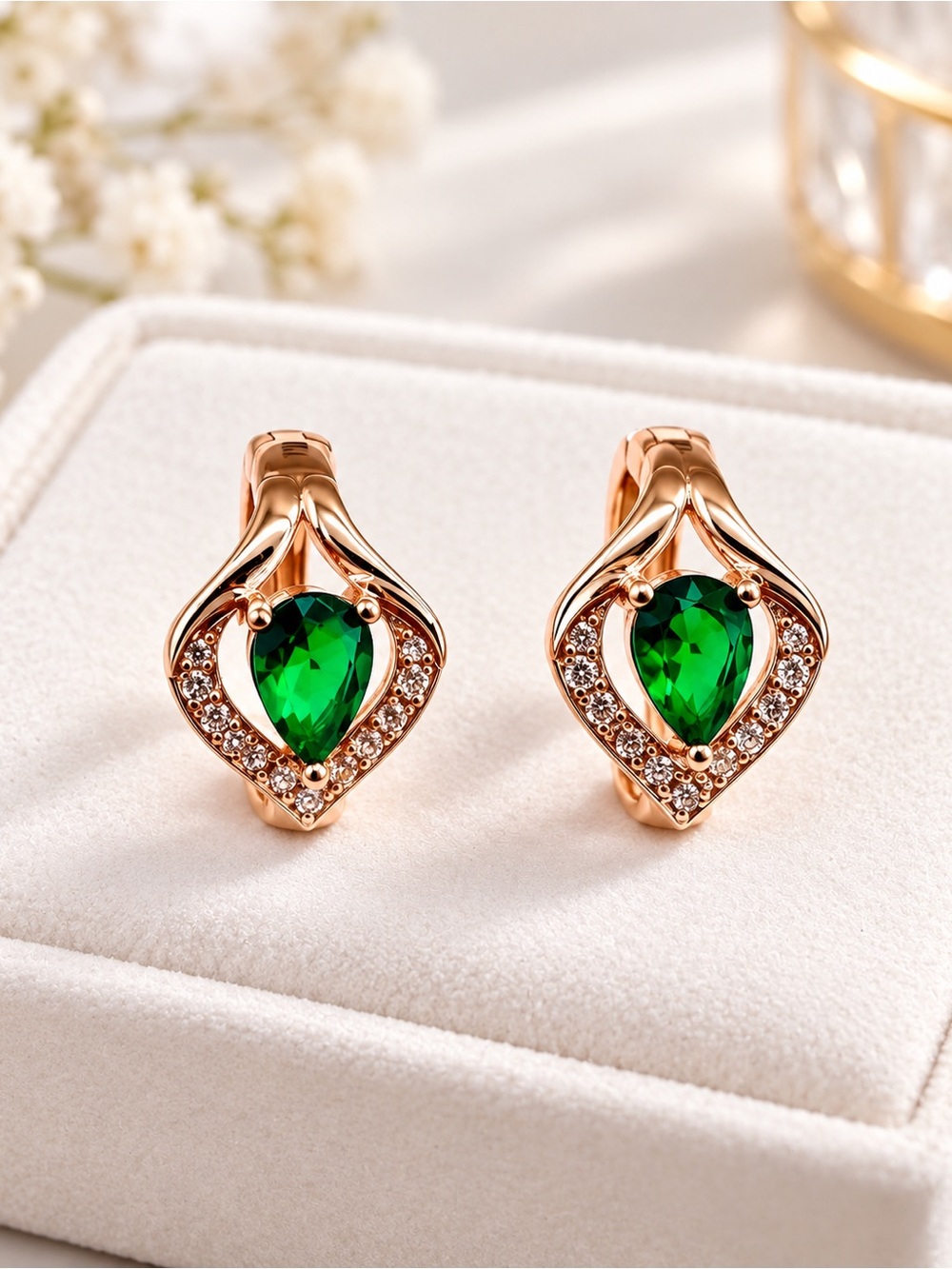 Gold Tone Green Teardrop Stone Earrings Clear Rhinestone Accents